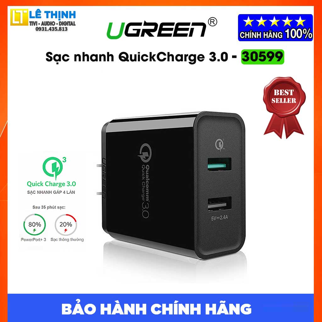 Sạc nhanh ugreen quickcharge 3.0 30w - nguyên seal chính hãng - bảo hành 3 tháng