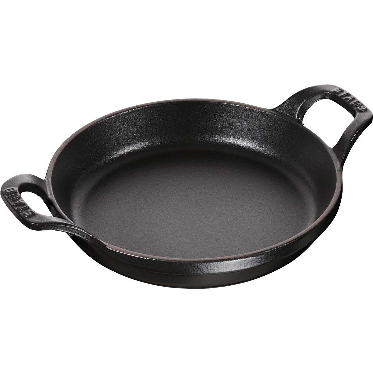 Staub - Khay tròn màu đen - 16cm, nổi bật với thiết kế đơn giản, thích hợp để nướng bánh, các món áp chảo hoặc để trưng bày trên bàn tiệc