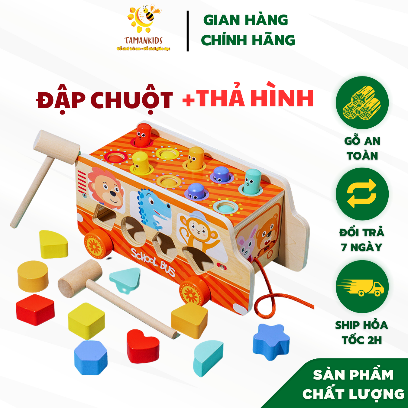 Đồ chơi gỗ đập chuột kèm xe bus kéo thả hình khối dành cho bé - đồ chơi thông minh, vua đồ chơi an an