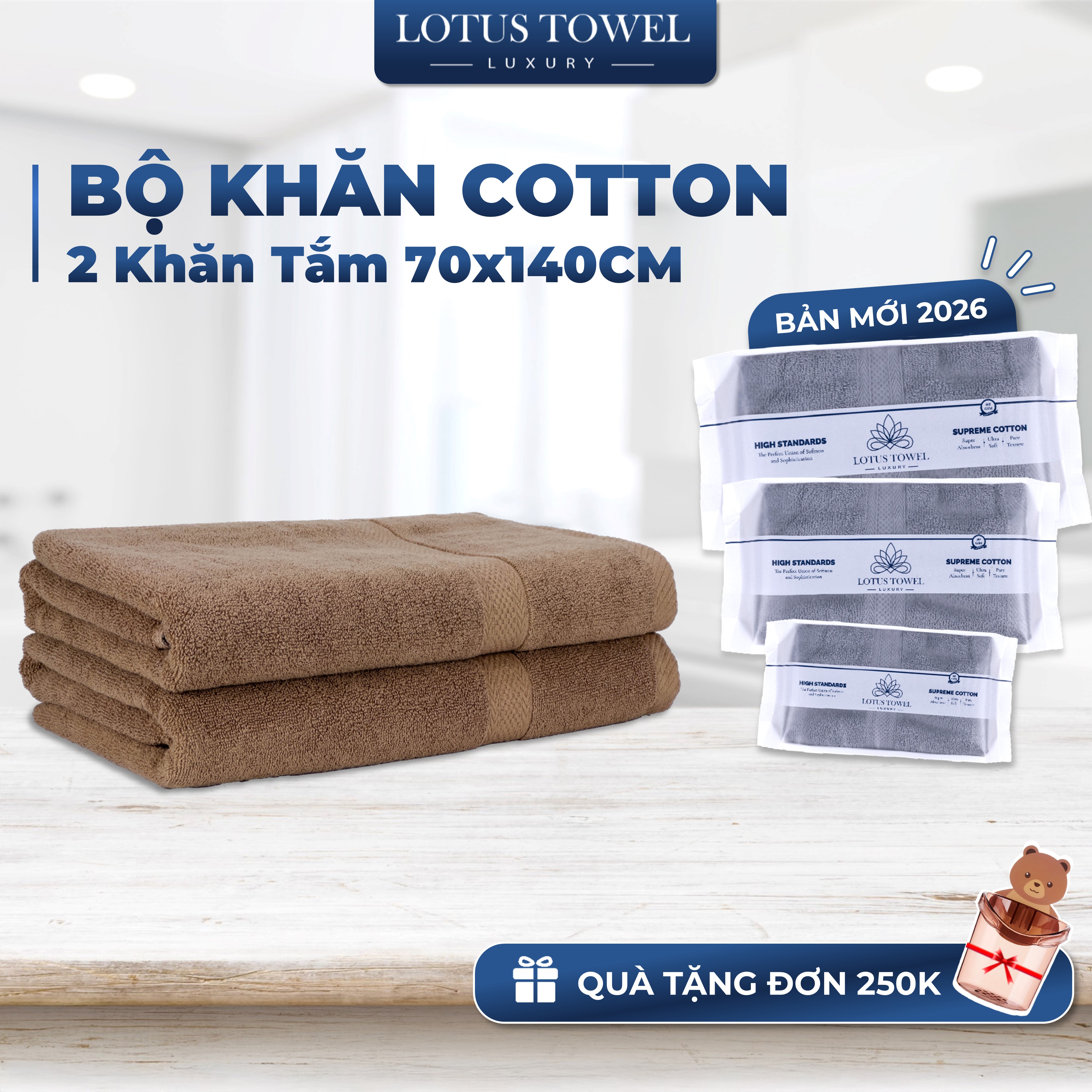 Bộ 2 Khăn Tắm 70x140cm LOTUS TOWEL 100% Cotton Cao Cấp Mềm Mịn Thấm Hút Không Ra Màu
