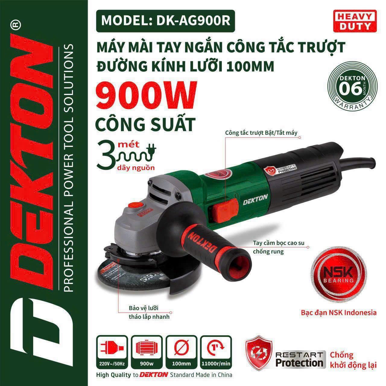 Máy mài góc 100mm dekton 900w / dk-ag900r / công tắc trượt / chức năng chống khởi động lại/tặng kèm 6 đá cắt