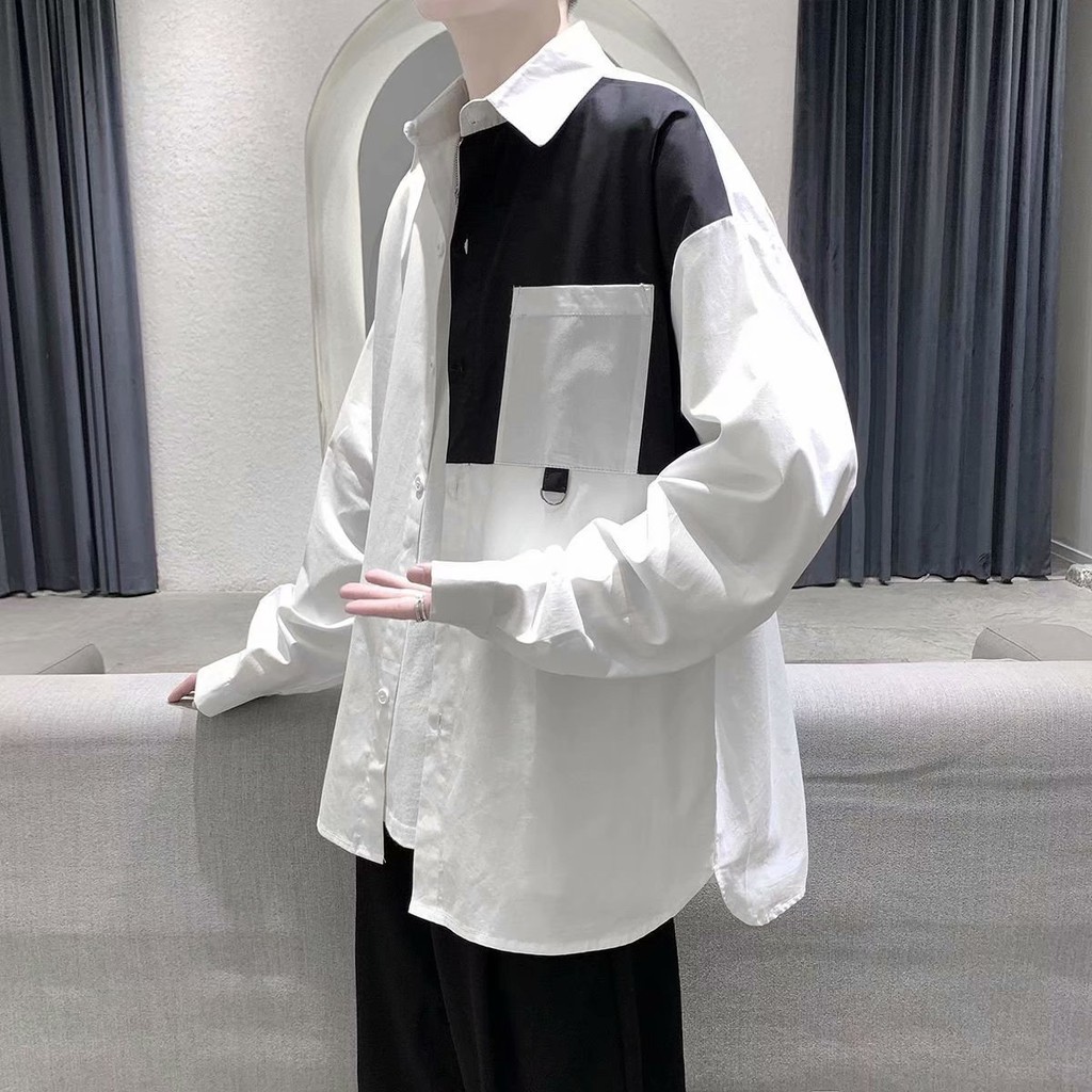 Áo Sơ Mi Tay Dài Phối Vai Unisex Kiểu Dàng Thời Trang Công Sở Hàn Quốc
