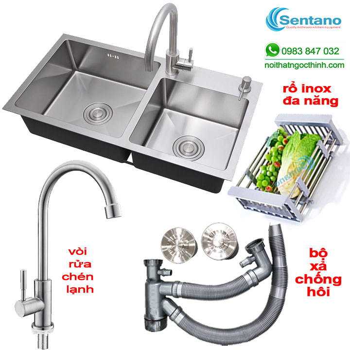 [SALE RẺ]Combo Chậu rửa chén, bồn rửa chén đúc liền khối 2 hộc 8245 LỆCH inox 304 +Vòi rửa chén lạnh tròn (thân ống fi18) TẶNG rổ inox đa năng