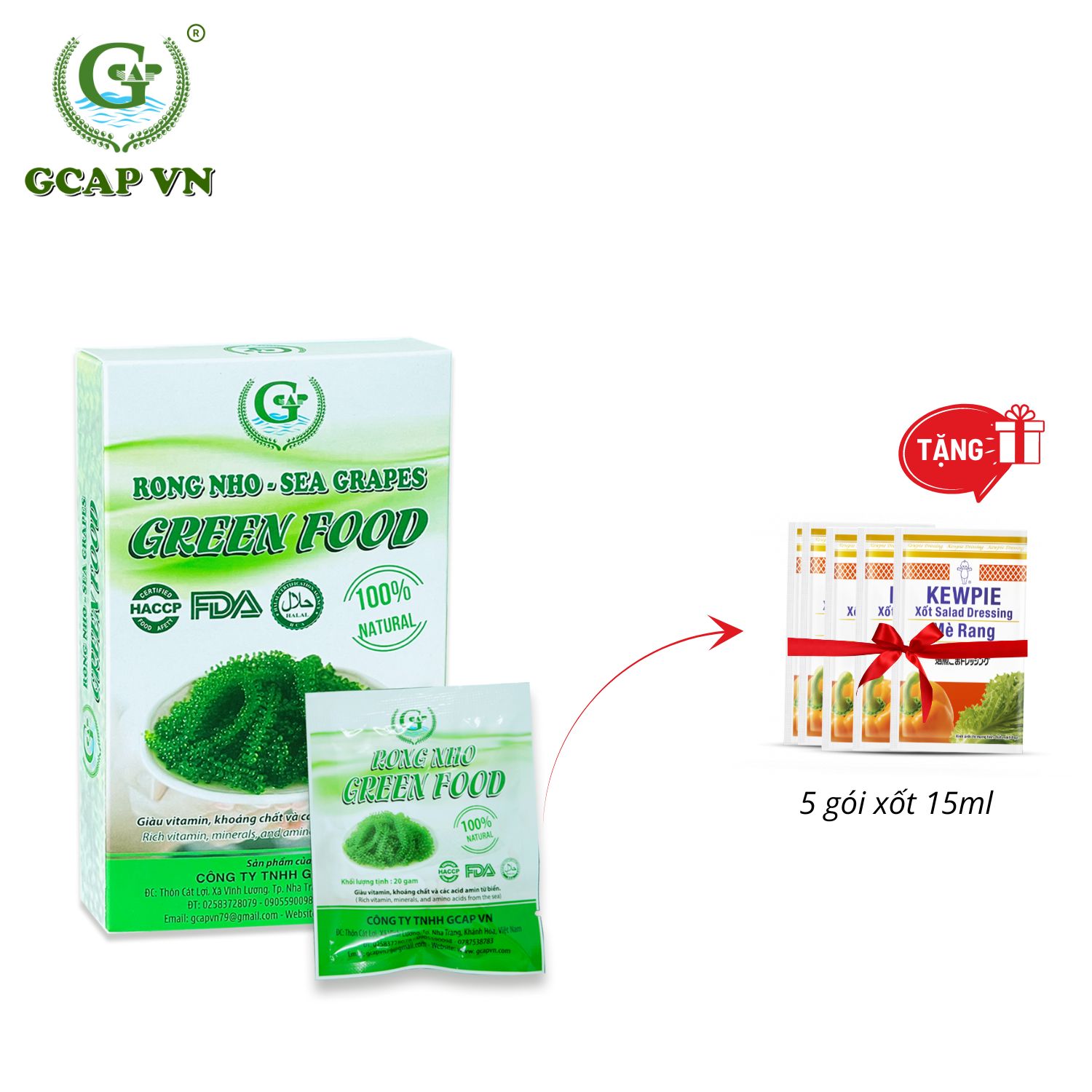 Rong Nho Tách Nước GREEN FOOD - hộp 100gram gồm 5 túi 20gram + tặng kèm 5 túi xốt 15ml