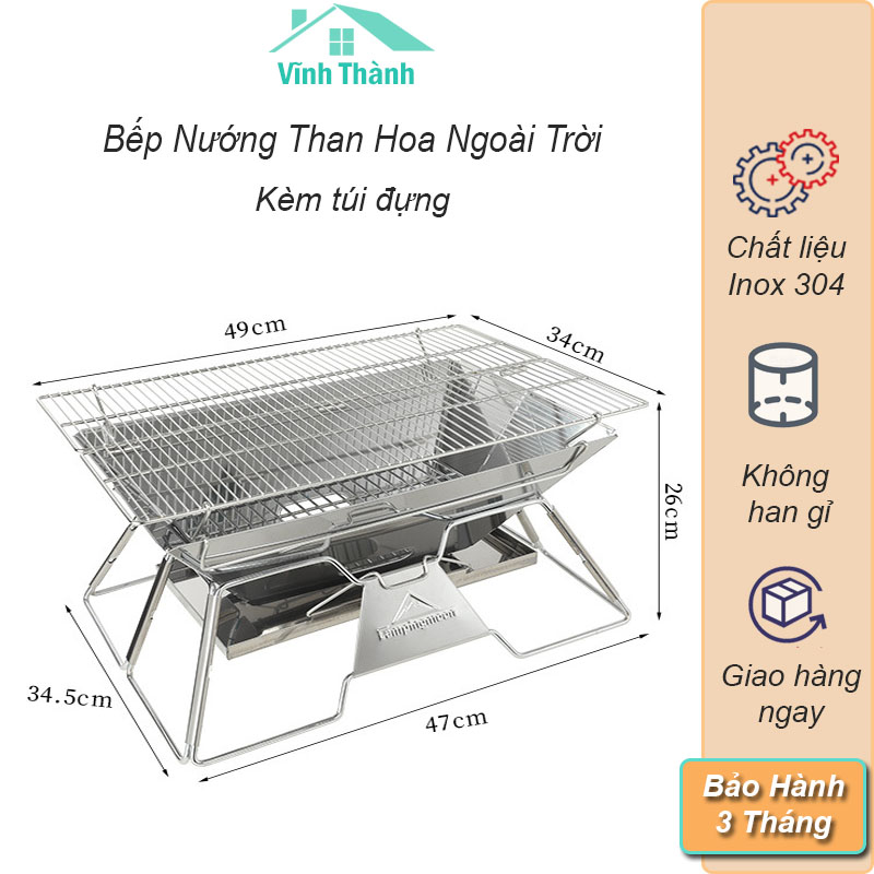 Bếp Nướng Than Hoa BBQ Ngoài Trời Cao Cấp - Bếp Nướng Than Không Khói Chất Liệu Inox 304 Kèm Vỉ Nướng Cho 2-8 Người