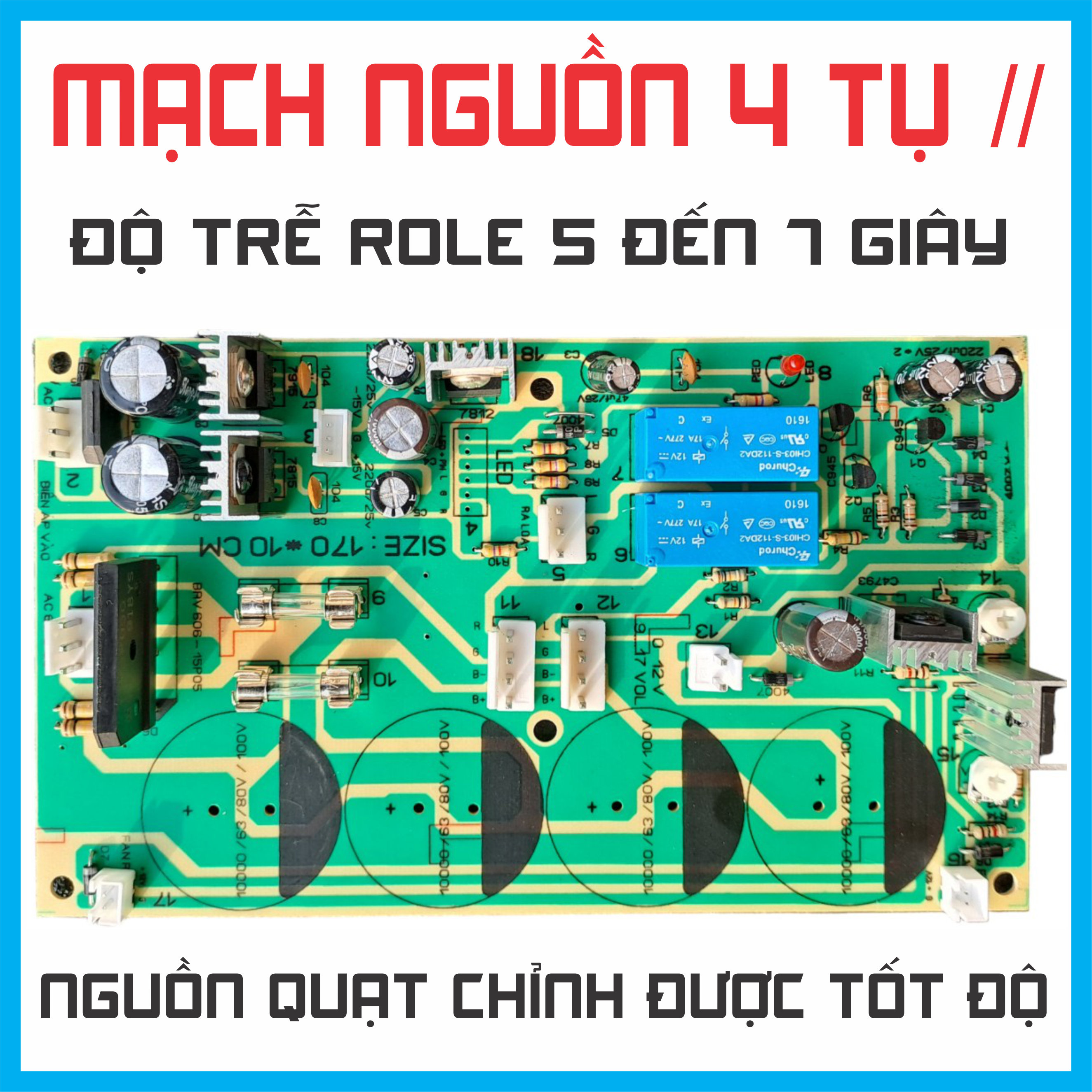 Mạch nguồn ,mạch nguồn 4 tụ liền bảo vệ loa, có các nguồn phụ . Bo sợi thuỷ tinh