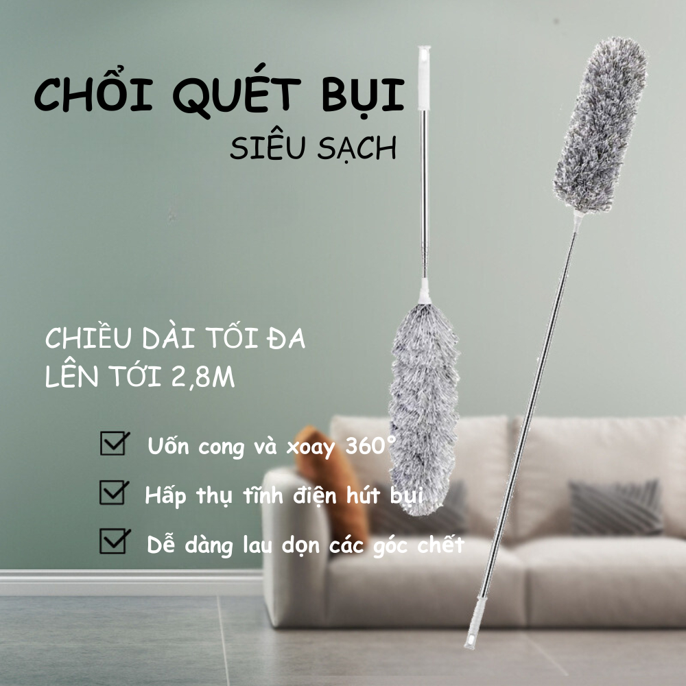 Chổi phủi bụi đa năng, chổi phất trần lau bụi điều chỉnh được độ dài xoay 360 độ gấp gọn