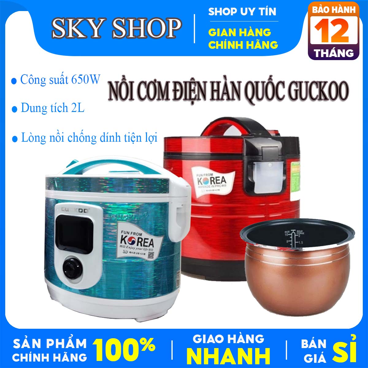 Nồi cơm điện GUCKOO nhập khẩu chất lượng cao, nồi cơm điện GUCKOO dung tích 1 lít - 2.2 lít, lòng nồi siêu dày nấu cơm ngon. BH chính hãng