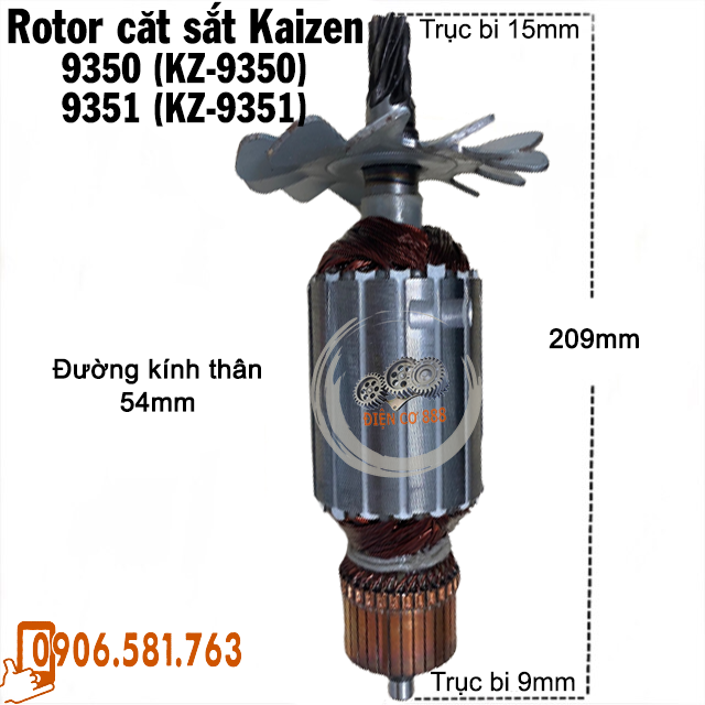Rotor cắt sắt kaizen 9350 9351 7 răng sắc - thân 54mm - dài 209mm dây đồng 220v - tặng chổi than