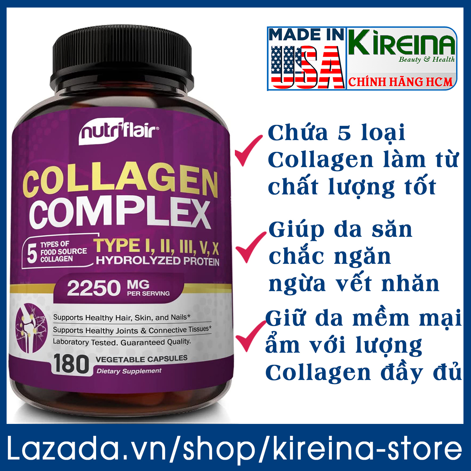 Viên uống Collagen tổng hợp loại 1 2 3 5 10 trẻ hóa toàn diện làn da và cơ thể 180 viên (2250 mg)