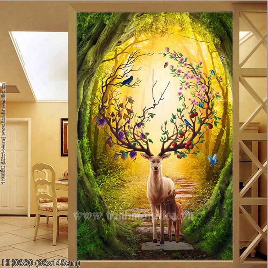 Tranh thêu kín Tuần Lộc Hươu nai gõ cửa 93x148 cm
