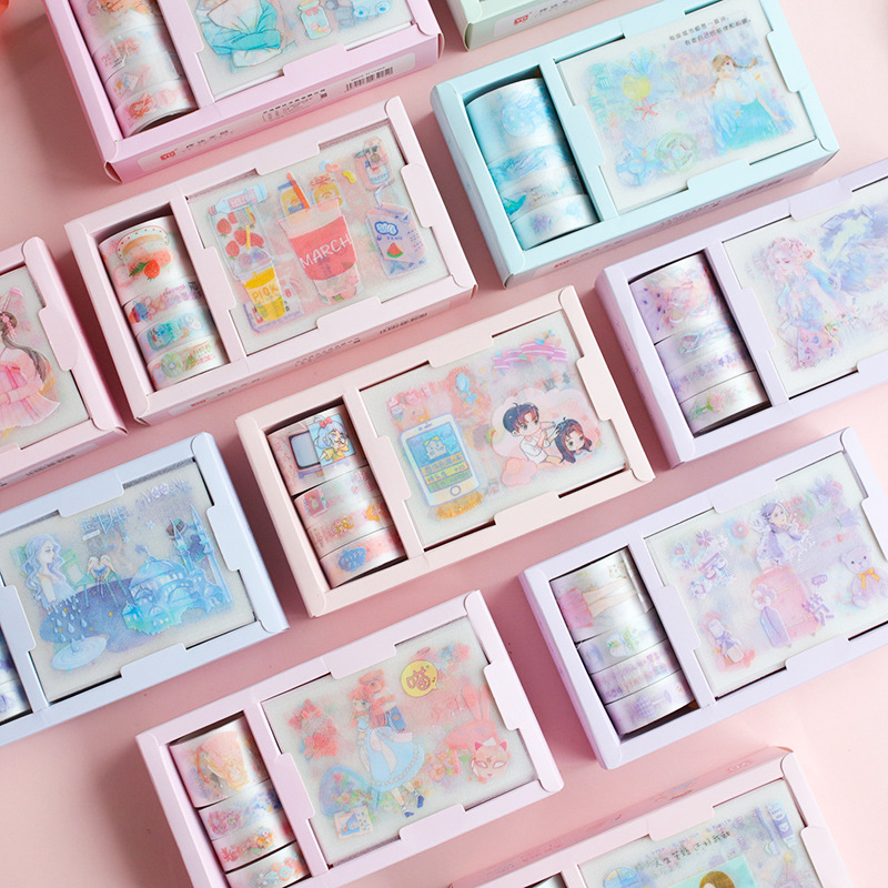 [HCM]Hộp 4 Washi Tape Trong Nhũ Dài 3m Kèm 12 Tấm Sticker Trang Trí Planner Scrapbook