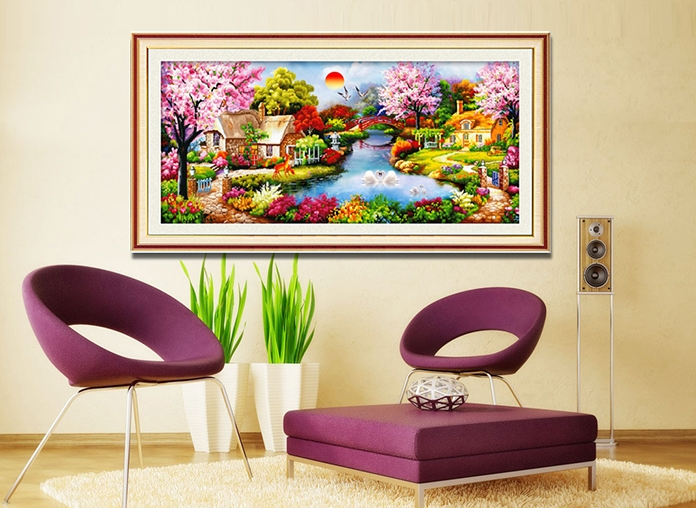 Tranh đính đá phong cảnh mùa xuân ấm áp kt 100x50cm