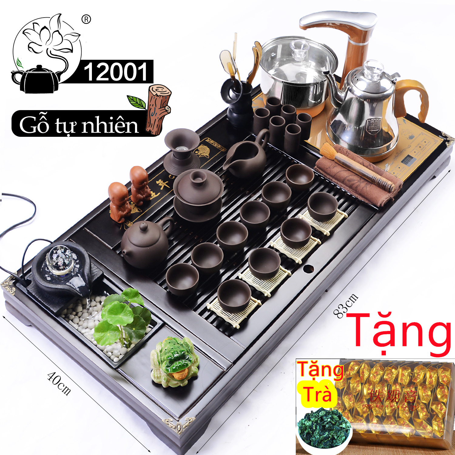 Bàn trà điện thông minh bàn gỗ mặt đá ấm chén gốm sứ tử sa để phòng khách - Mã : 120