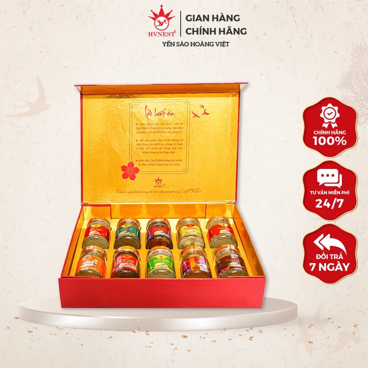 Set quà tặng Tết 2024 yến sào cao cấp HVNest - Set quà 10 hũ yến chưng đường phèn Hoàng Việt Nest