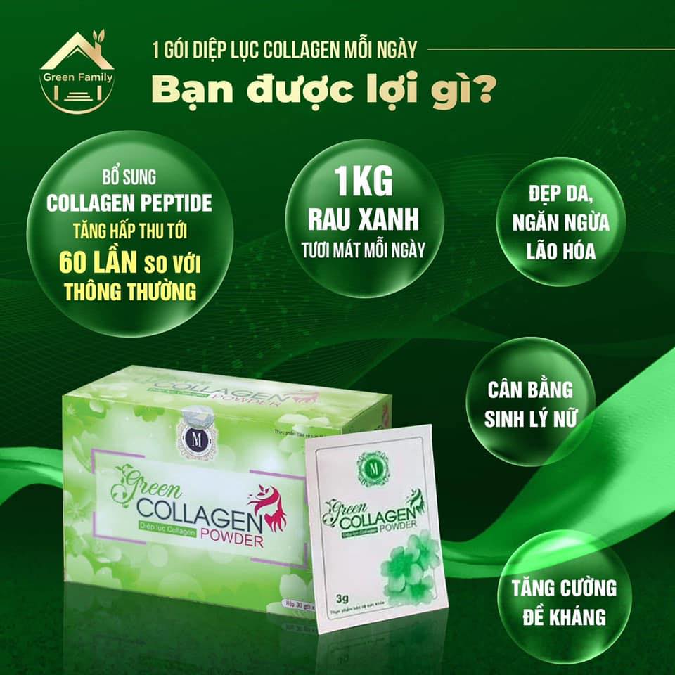 Diệp lục green collagen hỗ trợ làm đẹp da trắng da bổ sung vitamin khoáng chất từ rau xanh giảm táo bón 30gói tặng 1 gói
