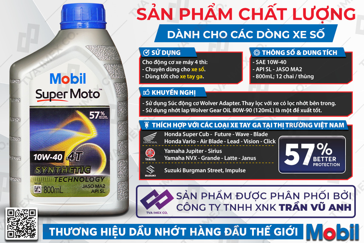 Nhớt xe máy mobil super moto 10w40 1l/800ml, nhớt mobil xe số 10w40 chai 800ml/1l
