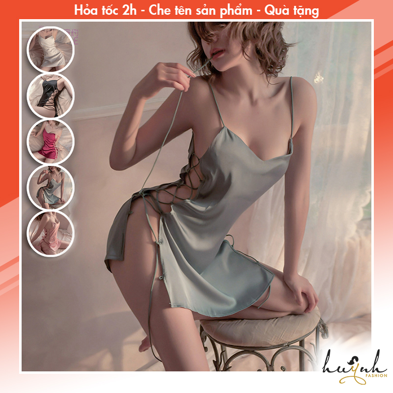 Váy ngủ lụa hai dây hở sườn kiểu tà trước sau dây đan hông gợi cảm - n56