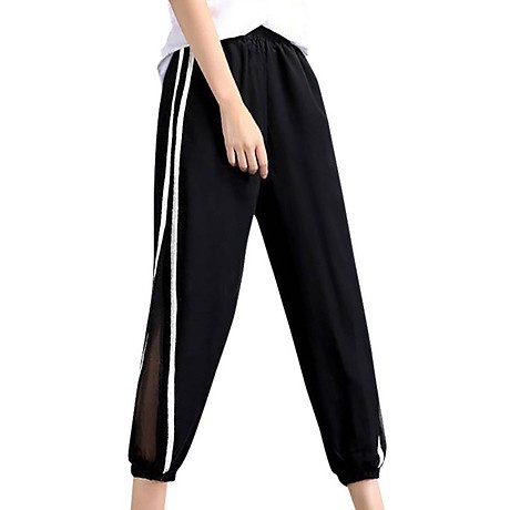 Quần baggy nữ sọc phối lưới có size, quần dài đen trắng vải đũi hàn