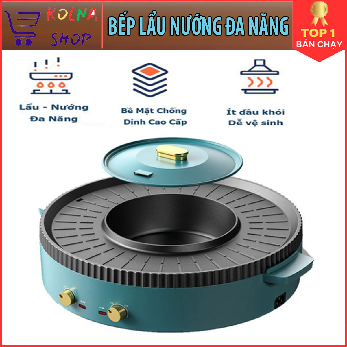 Bếp lẩu nướng đa năng 2 trong 1, nồi lẩu nướng tròn đa năng vừa lẩu vừa nướng tiện lợi, tiết kiệm điện năng - bếp lẩu nướng điện không khói