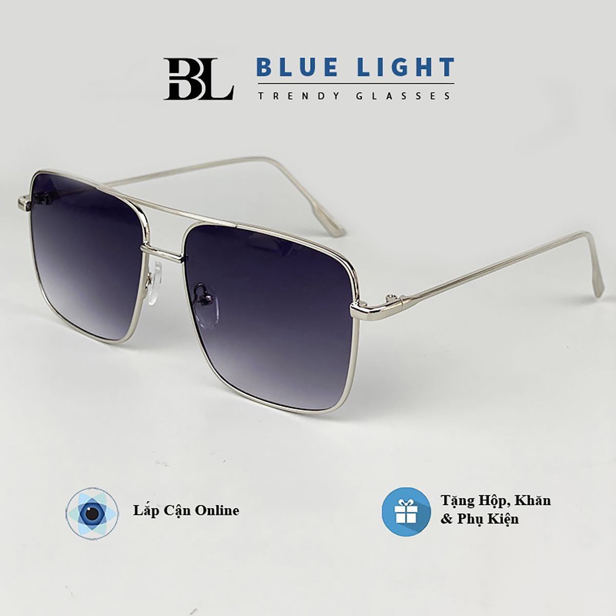 Kính râm kính mát nam nữ mắt vuông to khung ngang gọng kim loại mắt đen nâu 7 màu - blue light