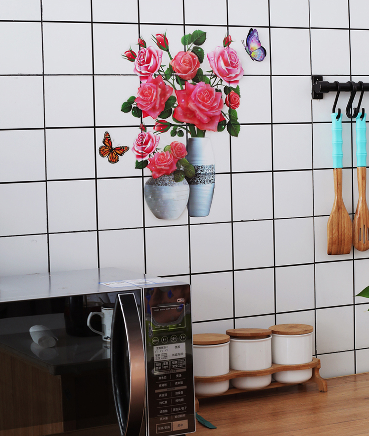 Decal Bình Hoa 3D Hoa nổi Decal Dán Trang Trí Tường,Tủ Lạnh,Kính Loại 1