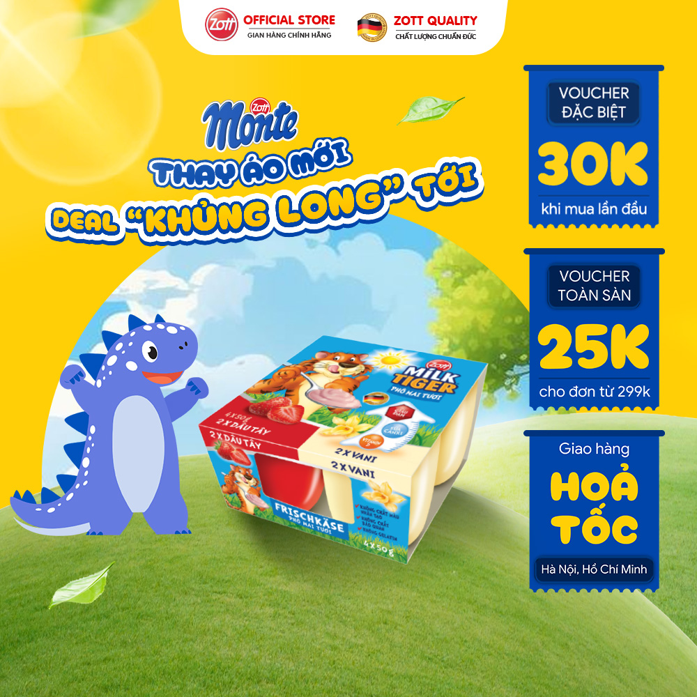 Giao Hoả tốc - Phô mai tươi Zott Milk Tiger vị Dâu - Vani nhập khẩu từ Đức (vỉ – 50g x 4 hũ), có bộ đôi Canxi - Vitamin D