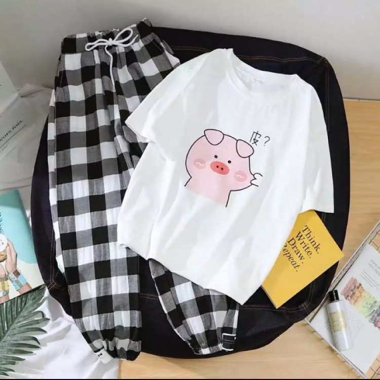 [HAN HAN SHOP 216] Sét Bộ Đồ Nữ Mặc Đi Chơi Dạo Phố Mùa Hè, Áo Phông Cotton In Lợn Bẹo Má Kèm Quần Kẻ