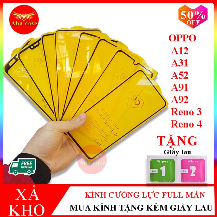 Kính cường lực Oppo A12, A31, A52, A91, A92, cường lực oppo reno 3, reno 4, kính cường lực 9d Full màn + Tặng giấy lau