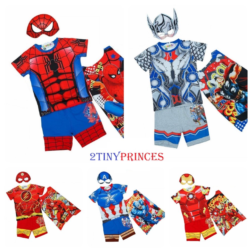 Bộ quần áo siêu nhân người nhện, đội trưởng mỹ, người sắt kèm áo choàng và mặt nạ - Bộ đồ hoá trang siêu nhân tay ngắn bé trai TN32