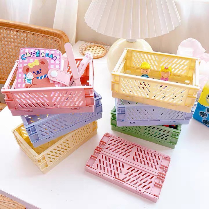 [SIZE NHỎ] Rổ Nhựa Mini Gấp Gọn Để Bàn Xinh Xắn, Đựng Sticker, Washi Để Bàn Trang Trí, Giỏ Nhựa