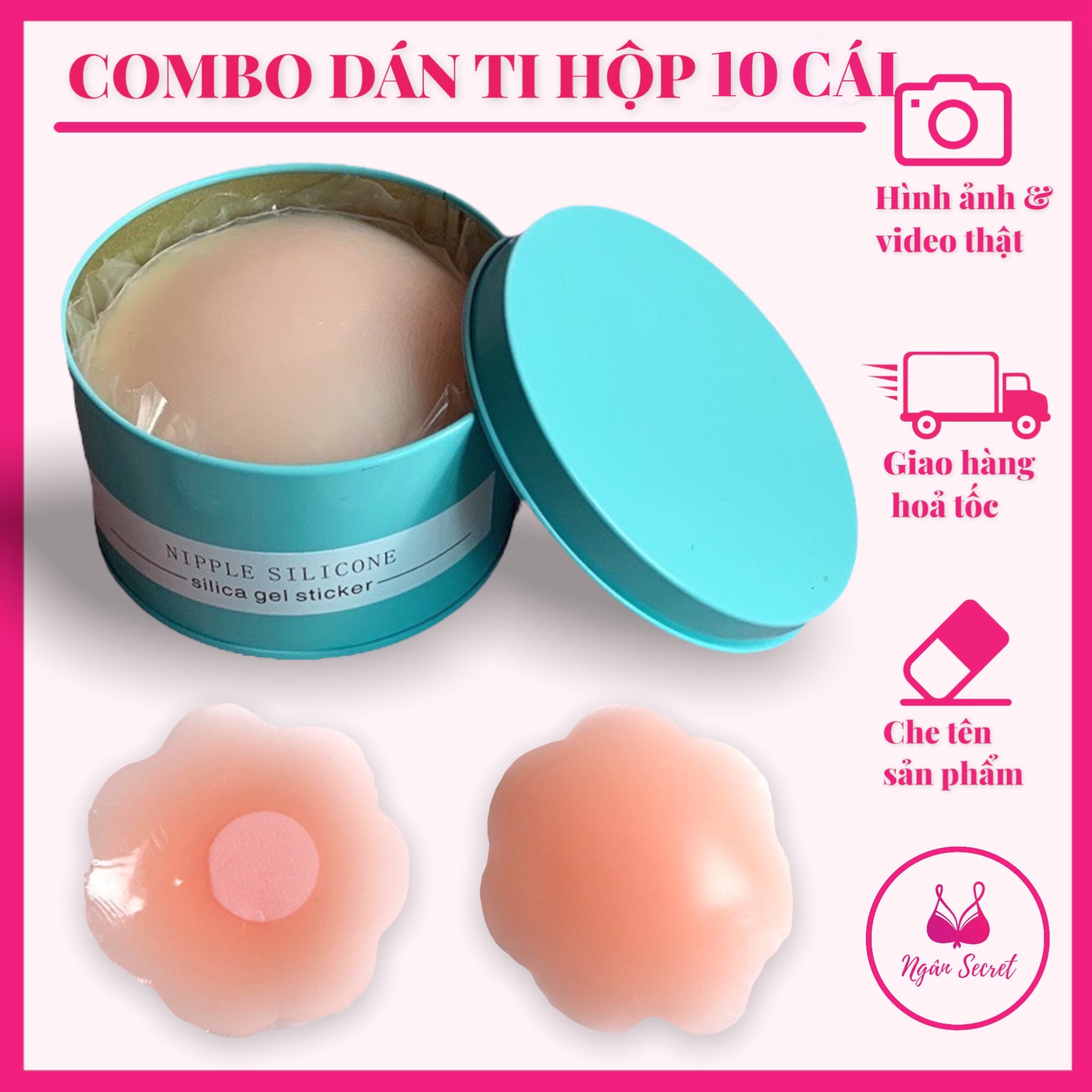 Miếng dán ngực ti silicon, dán ngực Hộp 5 cặp siêu dính sử dụng nhiều lần