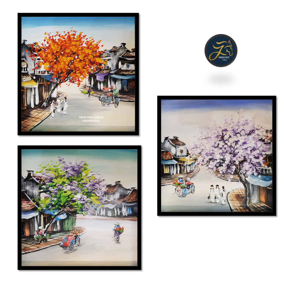 BỘ 3 BỨC TRANH SƠN DẦU PHỐ CỔ  - TRANH TRANG TRÍ PHÒNG NGỦ (Tranh sơn dầu Minh Huy)