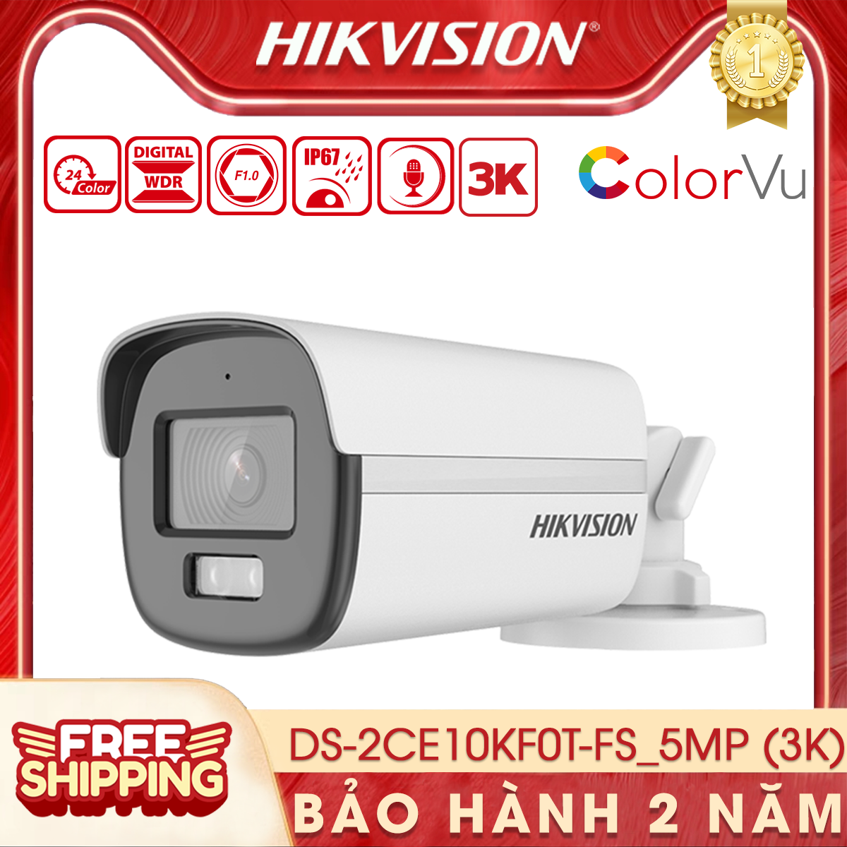 Camera quan sát bullet colorvu 3k hikvision ds-2ce10kf0t-fs | có màu | 5mp | chống nước, chống bụi | có mic | có đèn trợ sáng
