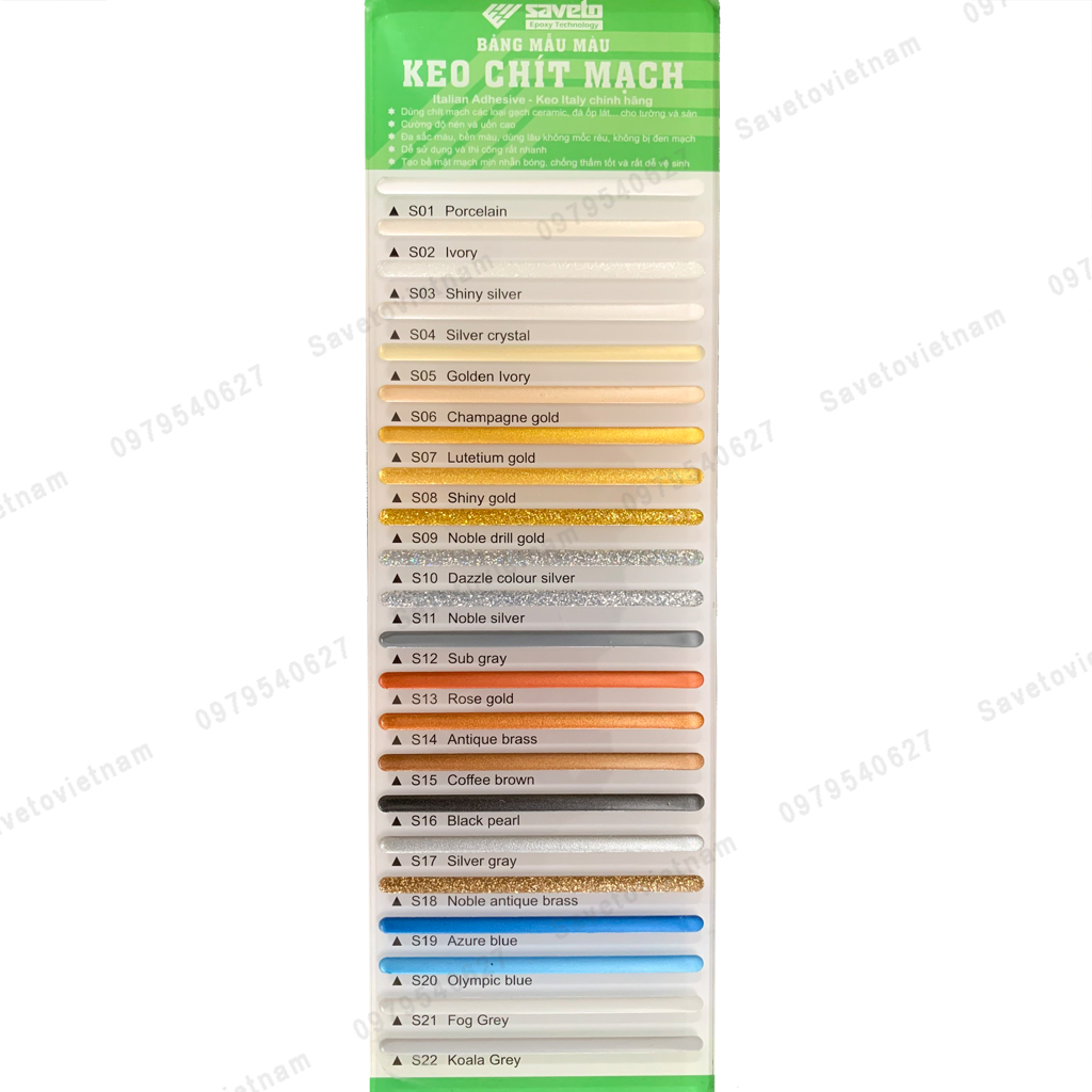 Bảng Màu Keo Chít Mạch Saveto - Keo Chà Ron Saveto Epoxy 22 Màu