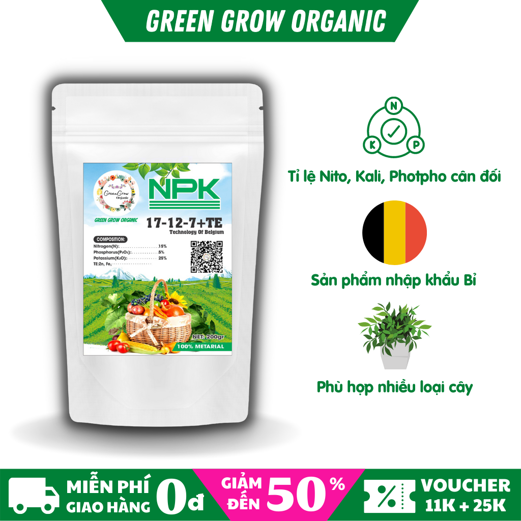 Phân bón NPK nhập nhẩu BỈ Green Grow Organic, phân npk 17 12 7 kích rễ kích chồi thân cành phát triển mạnh hoa đậm màu cải tạo đất MS117