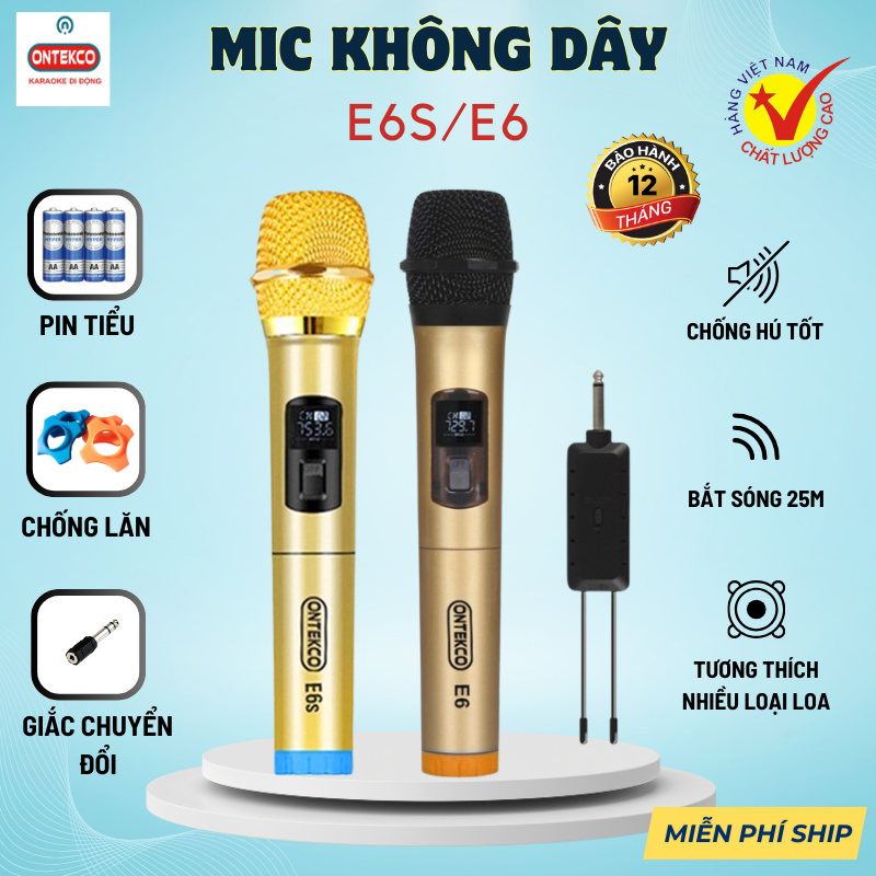 bộ 2 micro karaoke không dây ontekco e6s,e6,mv02,mu23 xanh, hz113  chuyên cho amply gia đình, loa kẹo kéo karaoke  hút âm tốt, chống hú, dễ sử dụng- bảo hành 12 tháng