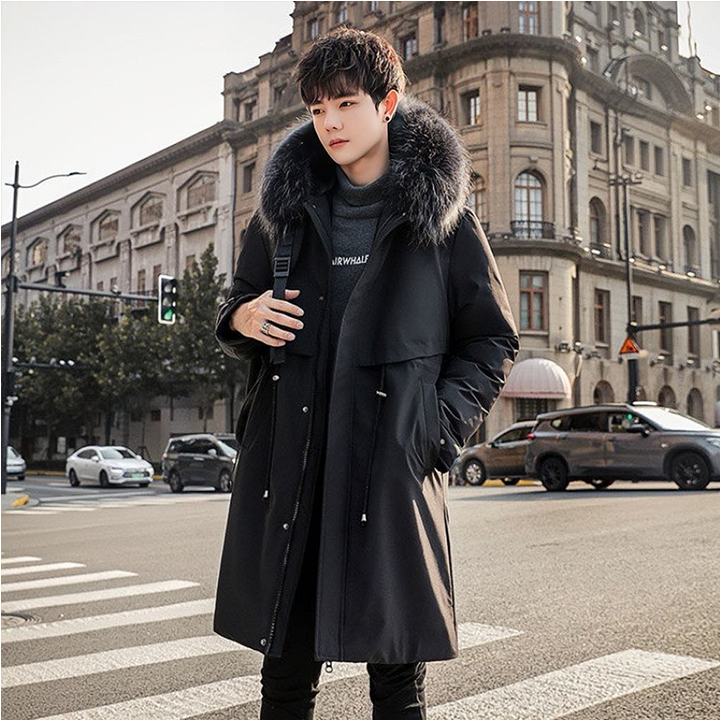 Áo Khoác Phao Nam Dáng Dài Mũ Lông Phong Cách Hàn Quốc Cực Đẹp