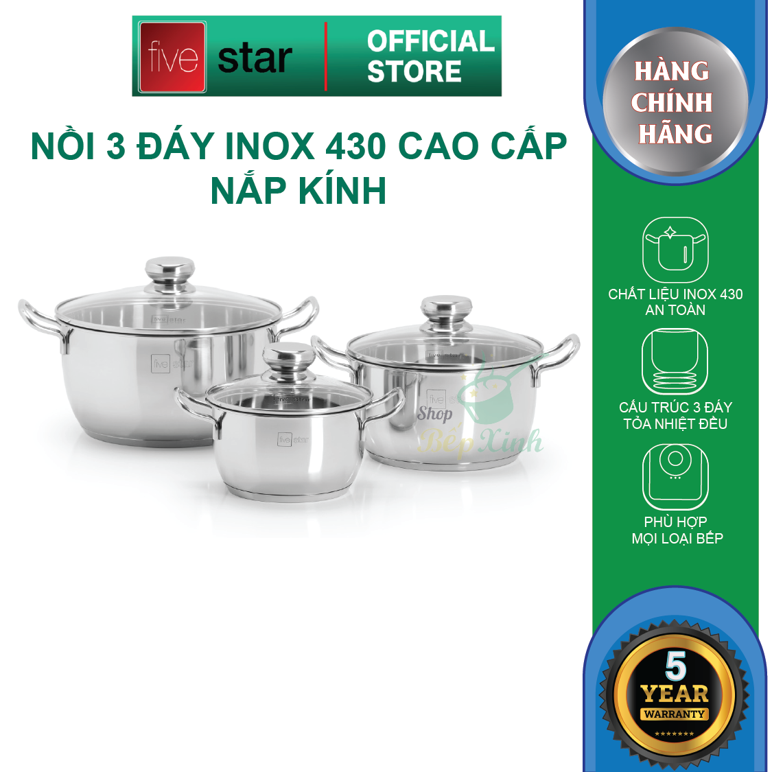 Bộ nồi inox 430 Fivestar Standard 3 món FS-B3010 (Kích thước 16cm - 20cm - 24cm), dùng được bếp từ , hồng ngoại , gas