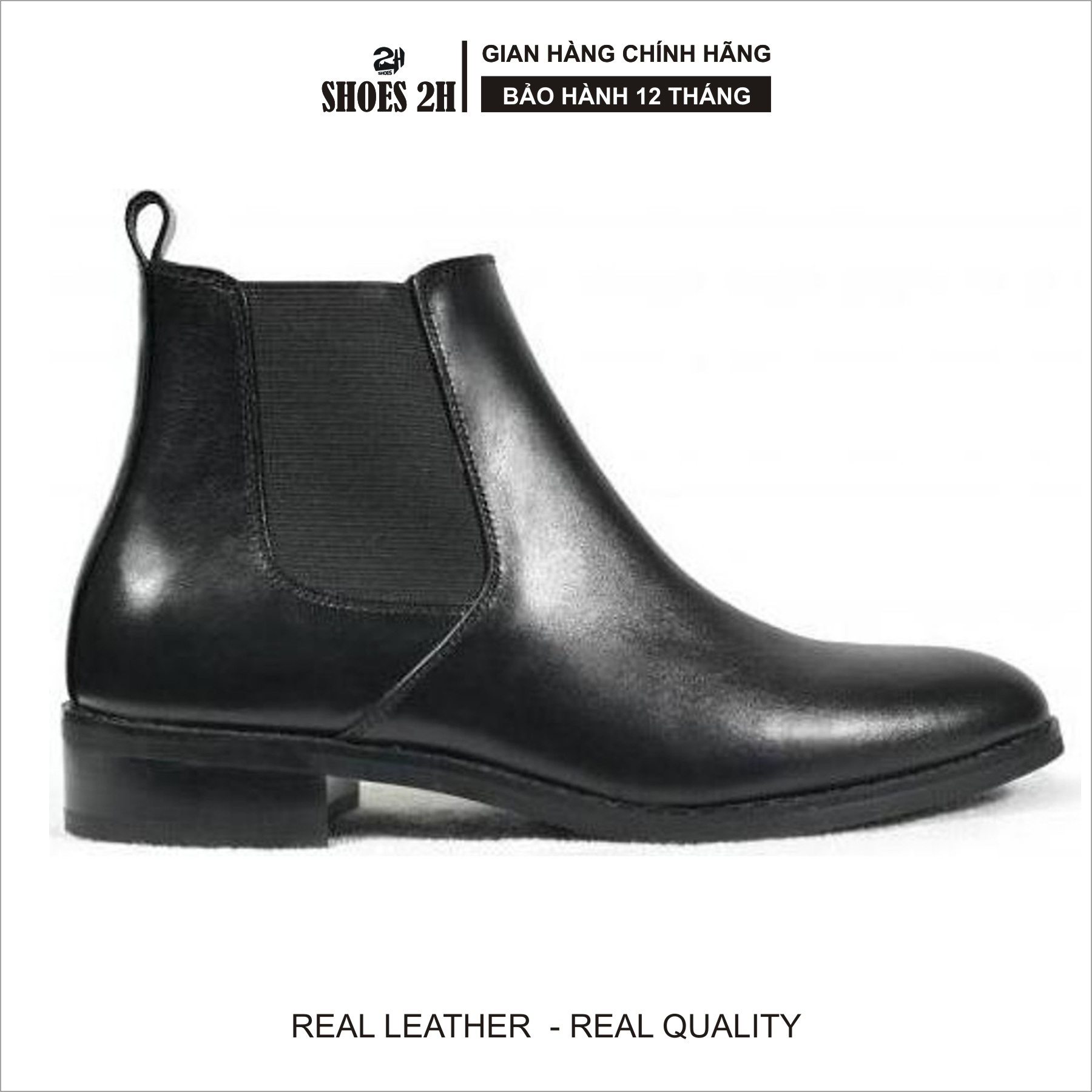 Giày nam Boots cổ lửng phối thun  da bò SHOES 2H size 38-43, Đen 2H-53
