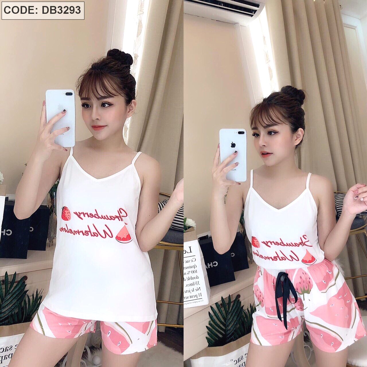 Đồ bộ mặc nhà nữ áo 2 dây quần đùi in hình quả dâu chất cotton 100% siêu xinh