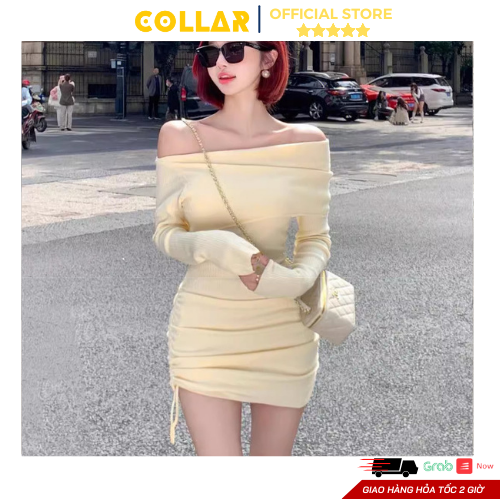 Váy len trễ vai dáng ôm chất dày dặn, váy thu đông dài tay dáng body thời trang có dây rút hông COLLAR