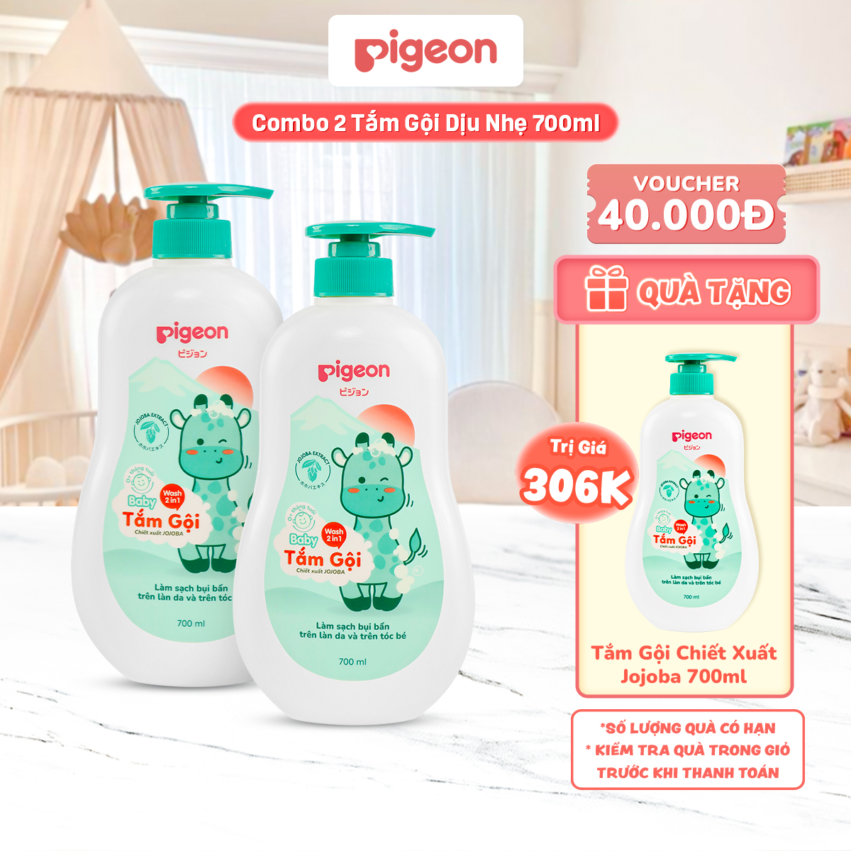 [TẶNG TẮM GỘI 700ML] Combo 2 Sữa Tắm Gội Dưỡng Ẩm Cho Bé Sơ Sinh Pigeon 500ml/700ml Dịu Nhẹ Mềm Mại An Toàn Cho Da Chính Hãng