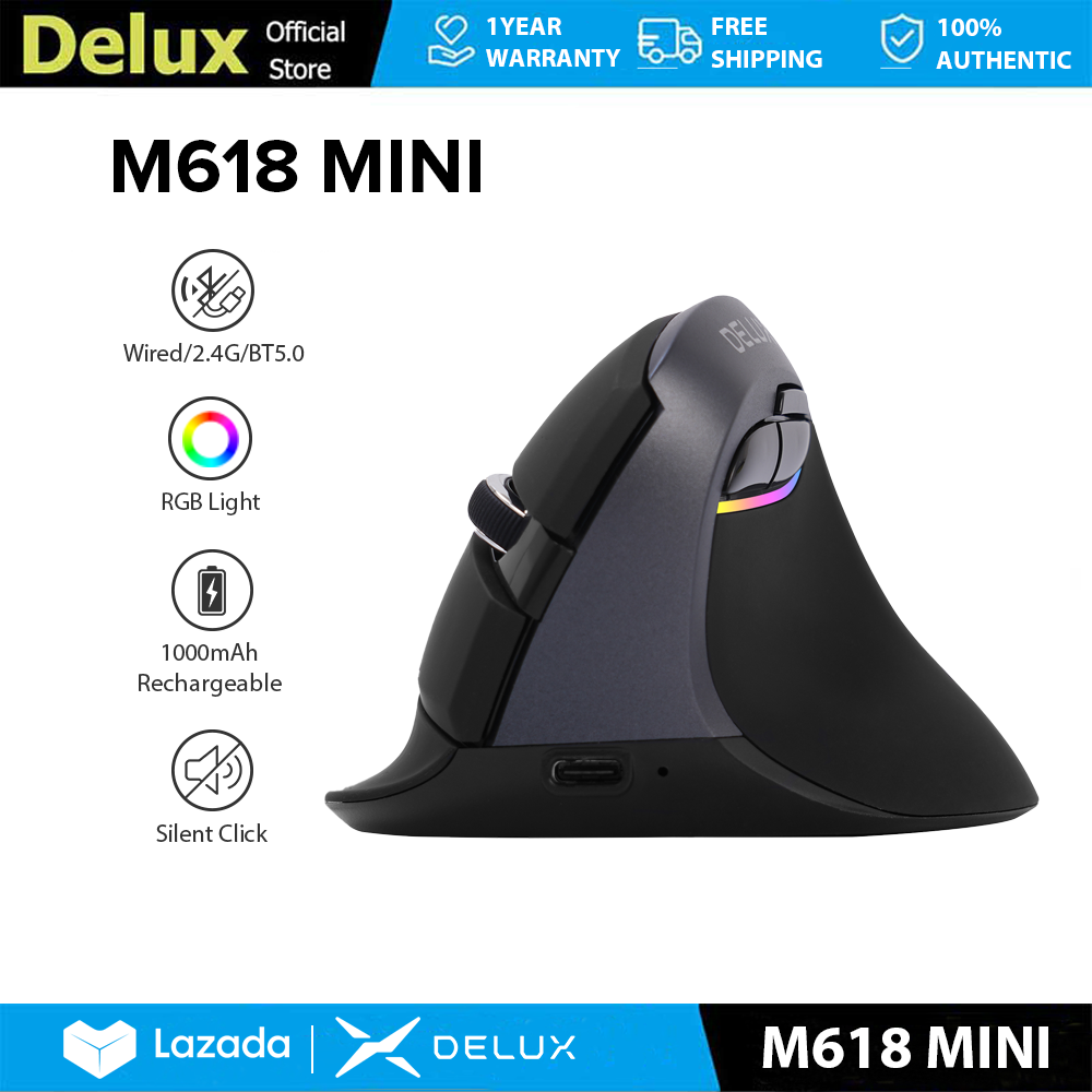 Delux M618 MINI Chuột dọc có dây & không dây Tiện dụng MAX 4000 dpi 2.4G Bluetooth 6 nút có đèn RGB Nhấp chuột im lặng Bàn tay nhỏ quang học cho PC/Laptop/Windows/Mac đen