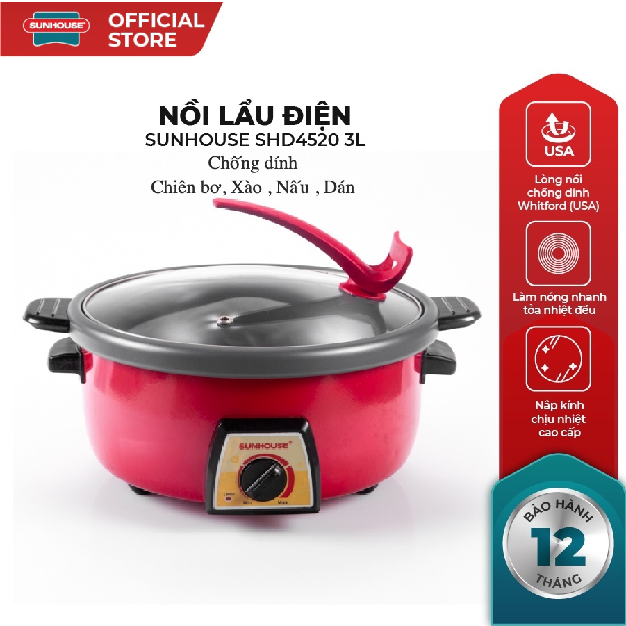 [TIỆN DỤNG ] LẨU ĐIỆN SUNHOUSE SHD4520 ,SÔI NHANH , bảo hành toàn quốc 12 tháng , lòng nồi chống dính cao cấp , xào , dán , chiên bơ . phù hợp mọi nhu cầu nấu .