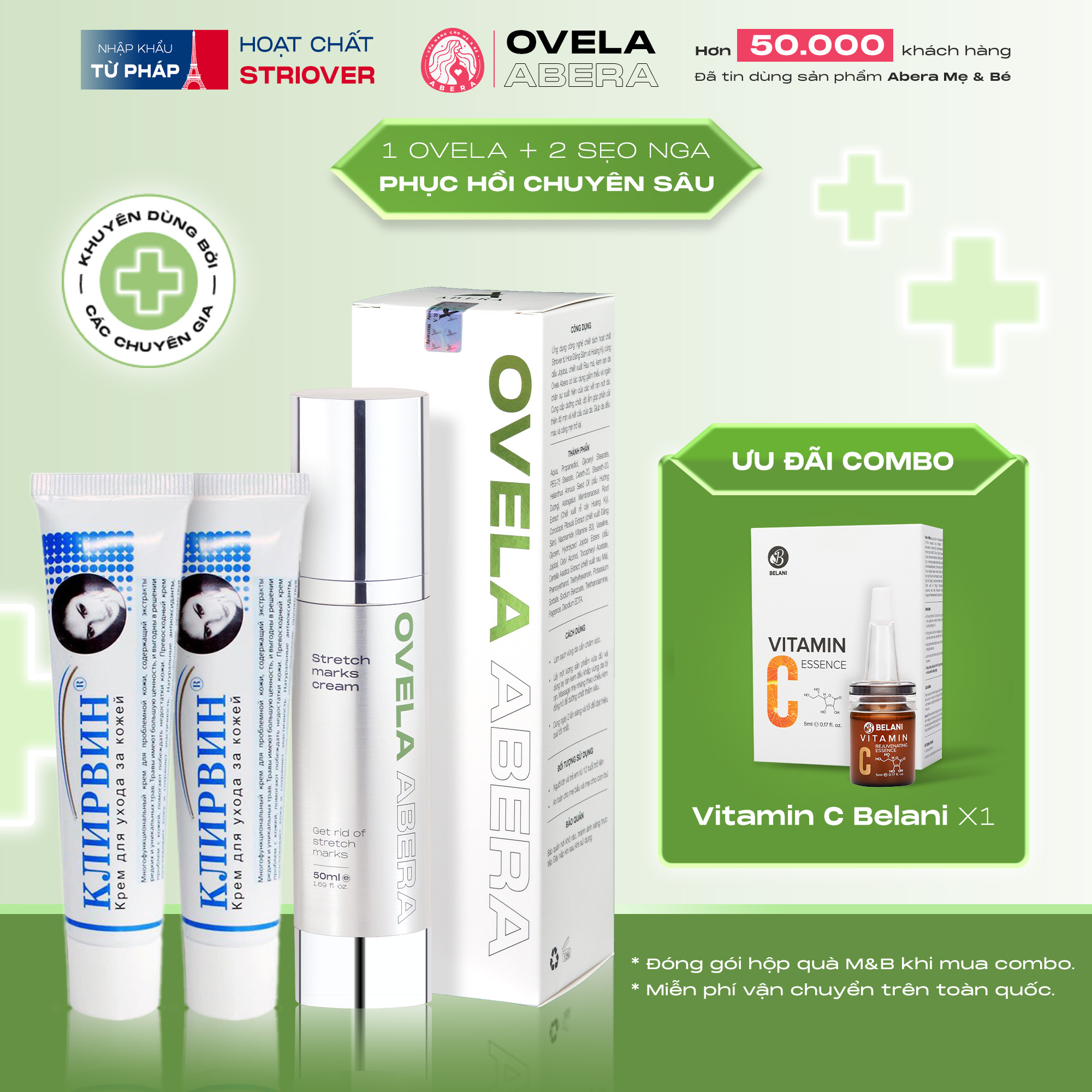 1 hộp kem rạn da ovela abera + 2 hộp kem sẹo nga kjinpbnh
