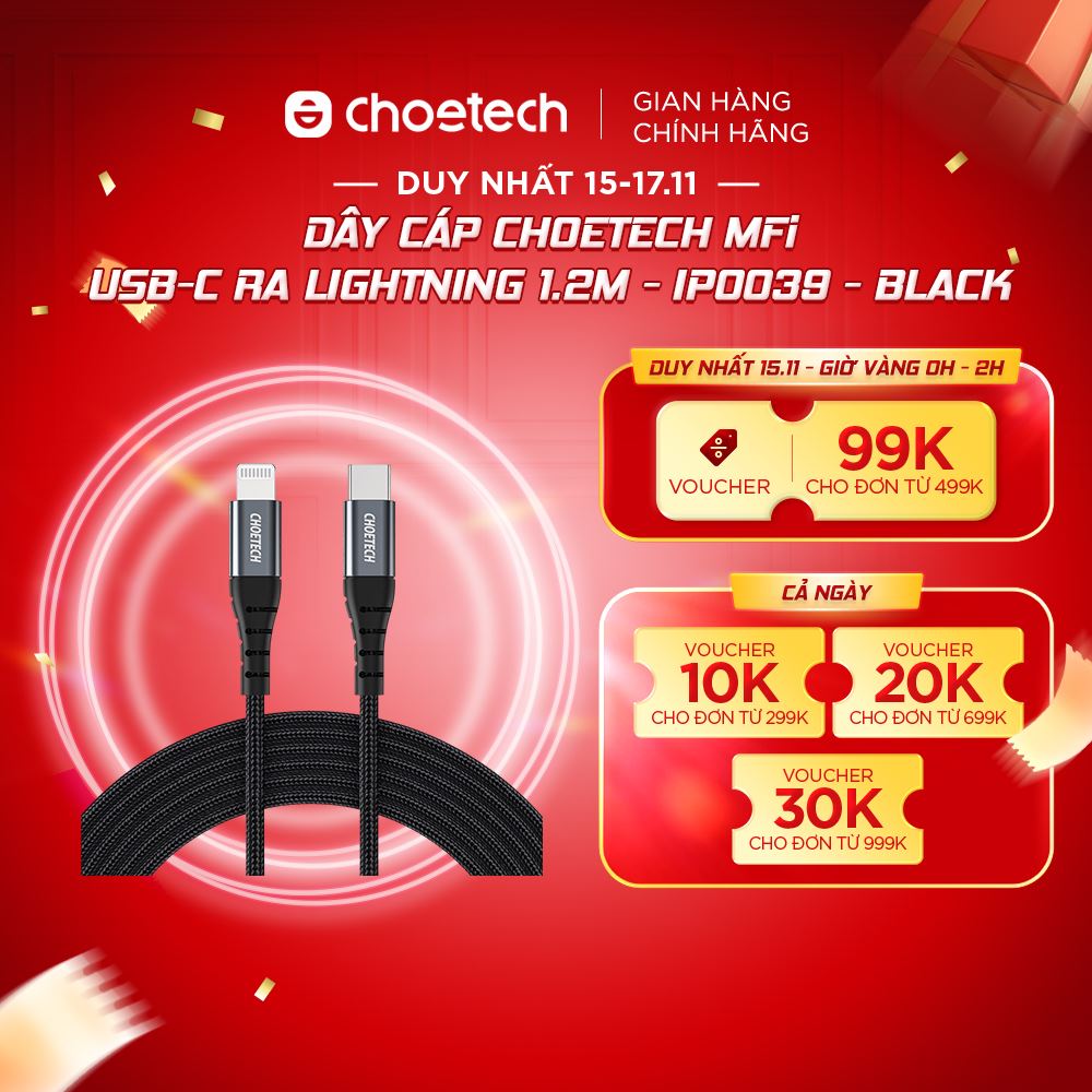 Dây cáp choetech mfi usb-c ra lightning 1.2m - ip0039 - black dùng được cho iphone/ipad có cổng lightning