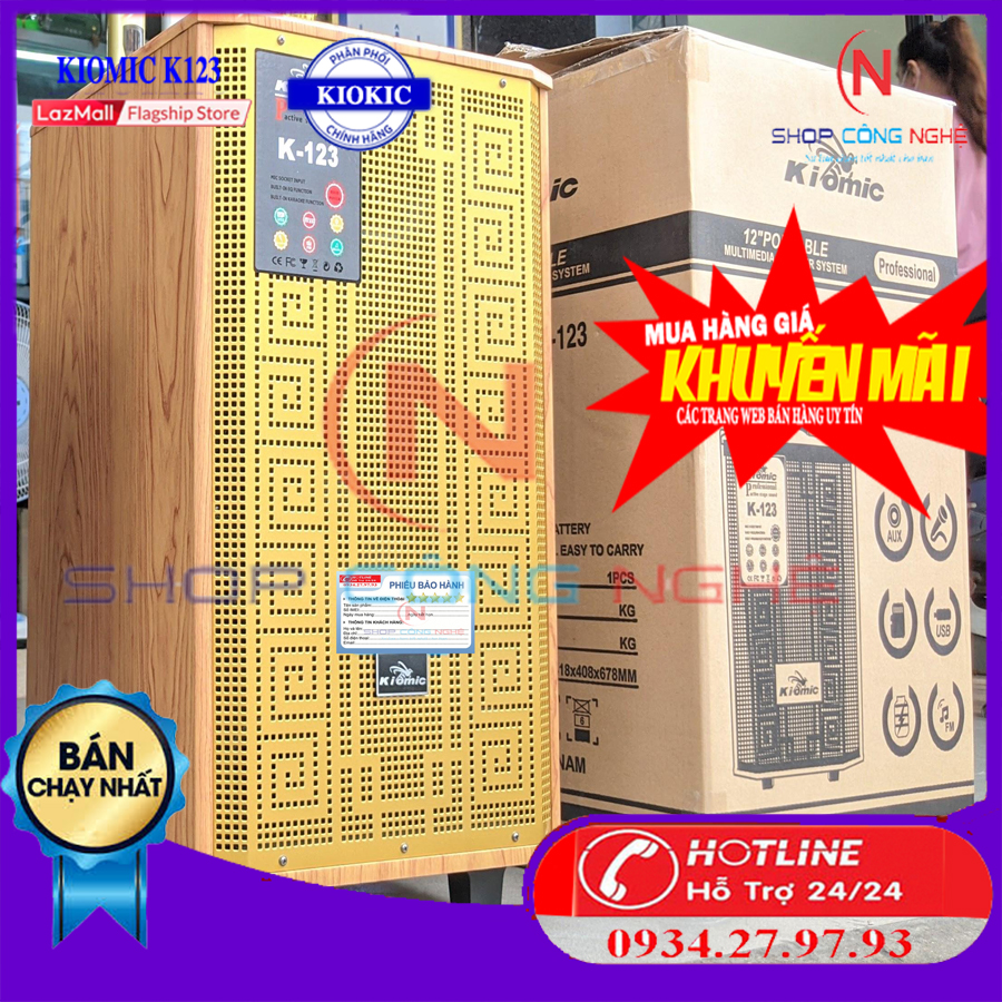 Loa kéo 3 tấc chính hãng kiomic k123,k128 tặng 2 míc uhf xịn giá rẻ công xuất 300w thùng gỗ nặng 20kg bảo hành 12 tháng
