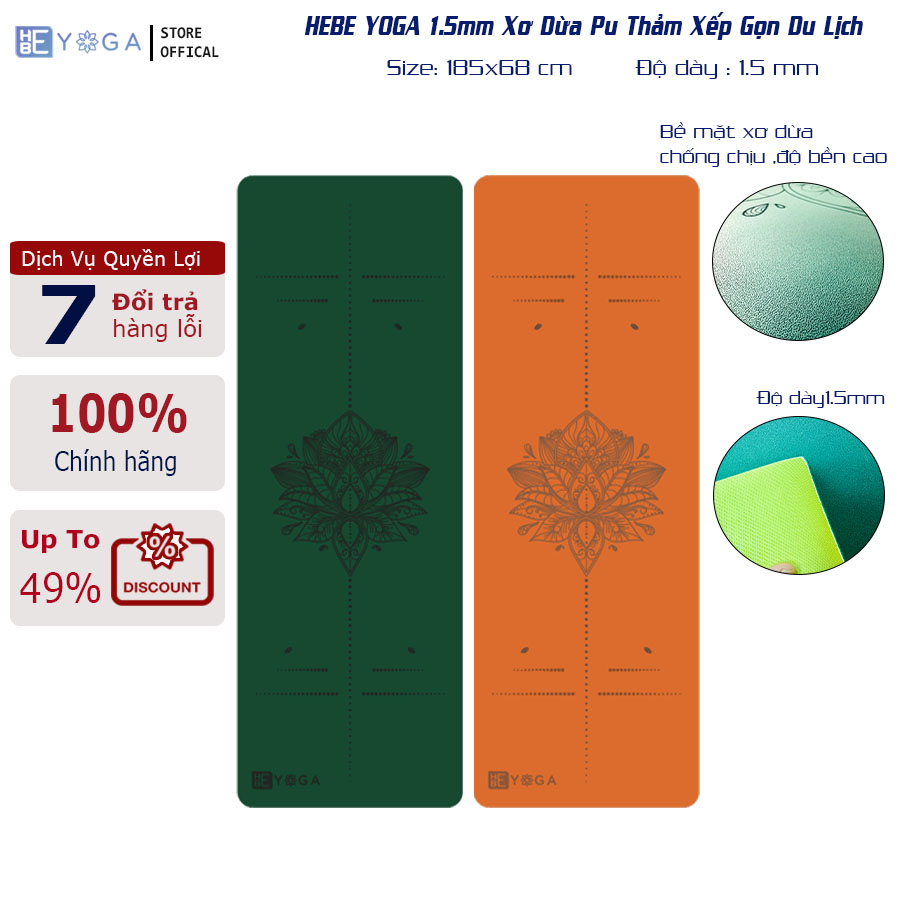 Thảm tập yoga du lịch xếp gọn hebeyoga xơ dừa pu cao su 1.5mm đế vàng cao cấp