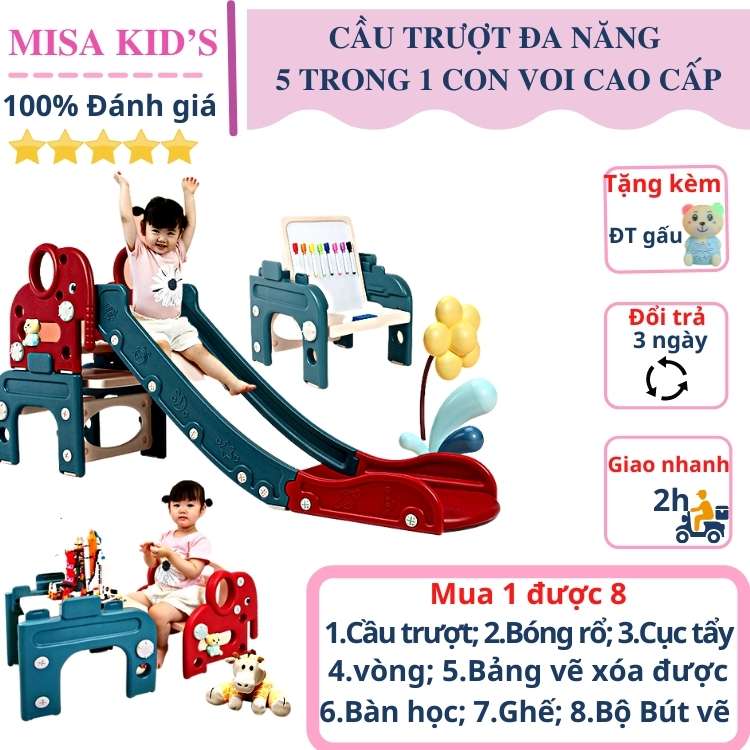 Cầu trượt, cầu tuột con voi cho bé cao cấp đa năng 5 trong 1